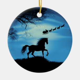 Cute Horse Santa and Reindeer Sleigh Christmas Ceramic Ornament