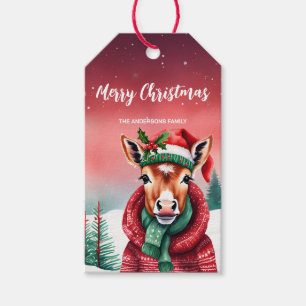 Cute horse Santa Christmas party Snow kid Gift Tags