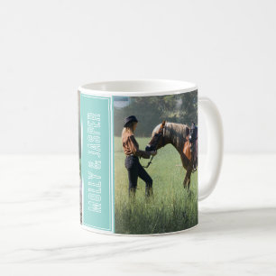 Cute Horse Teal Two Photo Collage and Names Coffee Mug