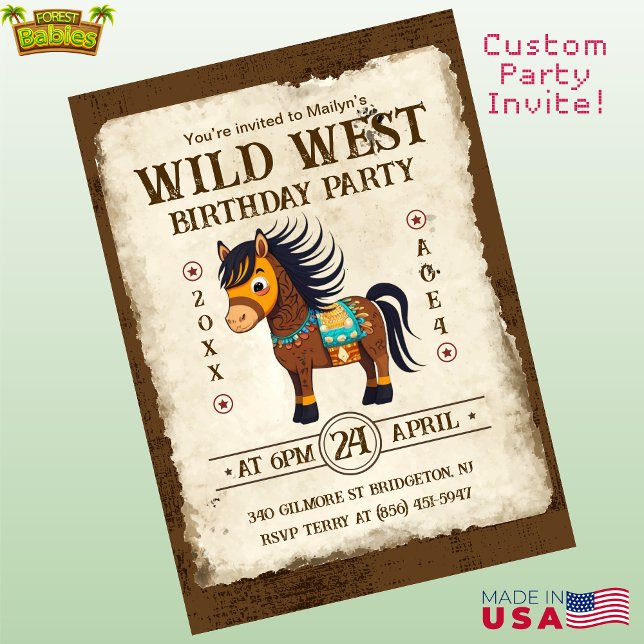 Cute Horse Wild West Pony Birthday Party Invitatio Invitation (Cute Personalizable Wild West Pony Birthday Party Invitation, Customizable Western Horse Invite 🐎)