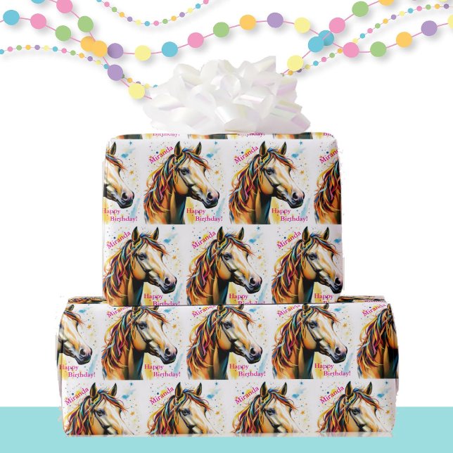 Cute Horse with Birthday Ribbons Add Name Wrapping Paper (Creator Uploaded)