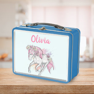 Cute Horse with Flowers Back to School Girls Metal Lunch Box