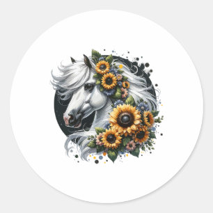 Cute Horse With Sunflowers Floral Horseback Riding Classic Round Sticker