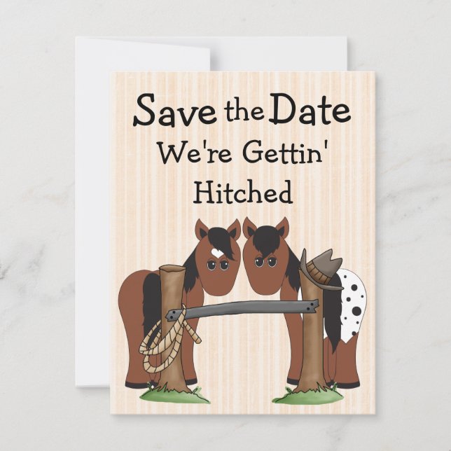 Cute Horses We're Getting Hitched Wedding Save The Date (Front)