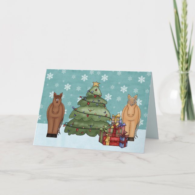 Cute Horses with Christmas Tree and Gifts Holiday Card (Front)