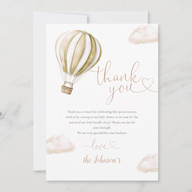 Cute Hot Air Balloon Baby Shower Thank You Card (Front)