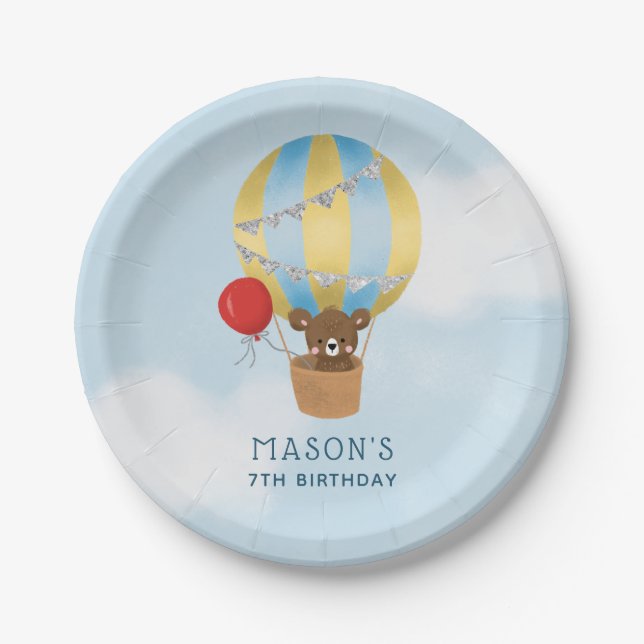 Cute Hot Air Balloon Boy Birthday Party Paper Plate (Front)