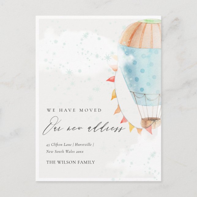 Cute Hot Air Balloon Clouds Stars We have Moved Postcard (Front)