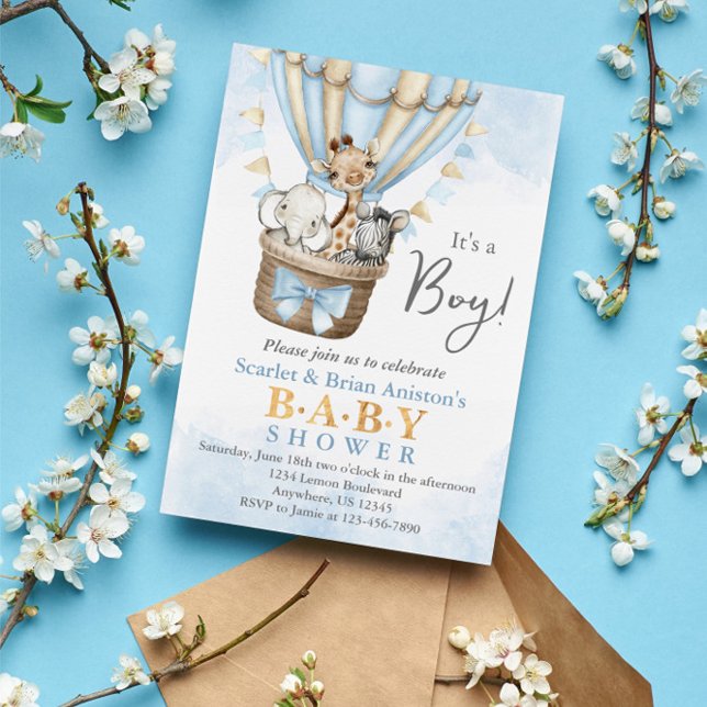 Cute Hot Air Balloon Safari Animals Baby Shower Invitation (Creator Uploaded)