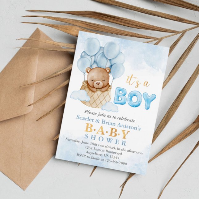 Cute Hot Air Balloon Teddy Bear Baby Shower Invitation (Creator Uploaded)