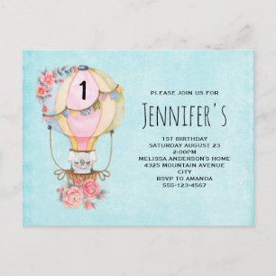 Cute Hot Air Balloon with Bear Watercolor Birthday Invitation Postcard