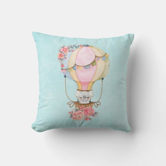 Cute Hot Air Balloon with Bear Watercolor  Cushion (Front)