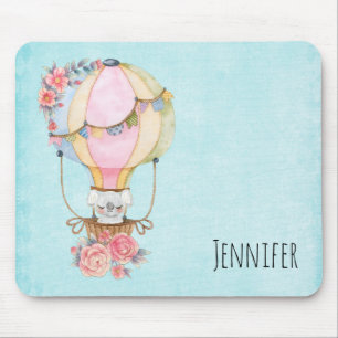 Cute Hot Air Balloon with Bear Watercolor Mouse Pad