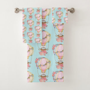 Cute Hot Air Balloon with Bear Watercolor Pattern Bath Towel Set