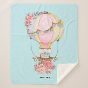 Cute Hot Air Balloon with Bear Watercolor Sherpa Blanket
