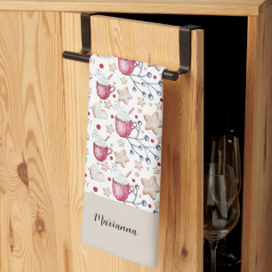 Cute Hot Cocoa And Cookies Watercolor Illustration Tea Towel