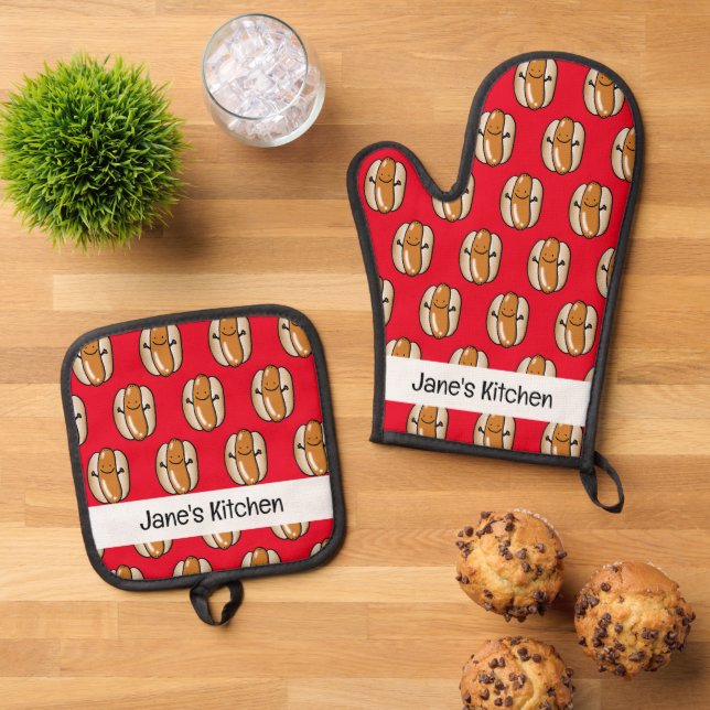 cute hot dog sausage (name) oven mitt & pot holder set (Top Down)