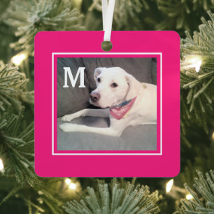 Cute Hot Pink 2 Photo Dog and Initial Christmas Metal Tree Decoration