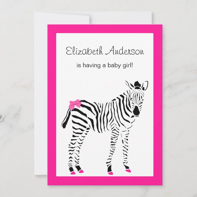 Cute Hot Pink And Black Zebra Girly Baby Shower Invitation (Front)