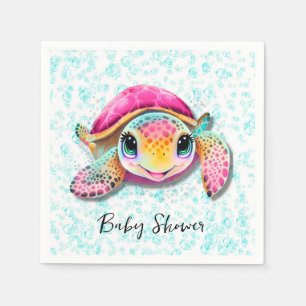 Cute Hot Pink and Teal Turtle Girl Baby Shower Napkin