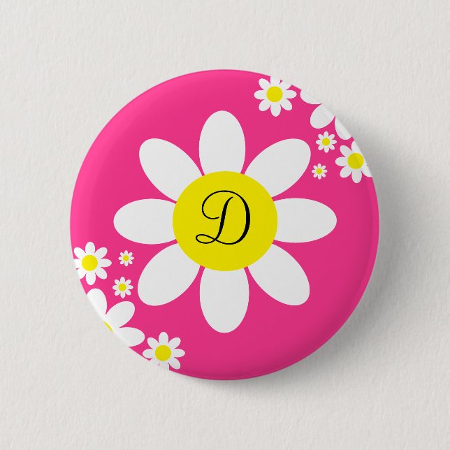 Cute Hot Pink and White Daisy Single Initial 6 Cm Round Badge (Front)