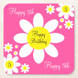 Cute Hot Pink and White Floral 5th Birthday Square Paper Coaster