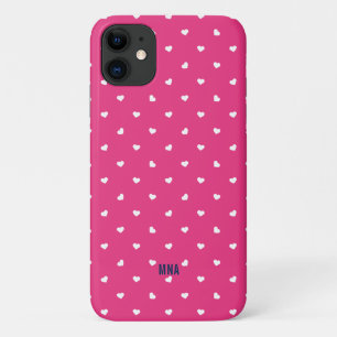 Cute Hot Pink and White Hearts Pattern Monogram iPhone 11 Case