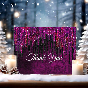 Cute hot Pink black Glitter Drips Thank You Card