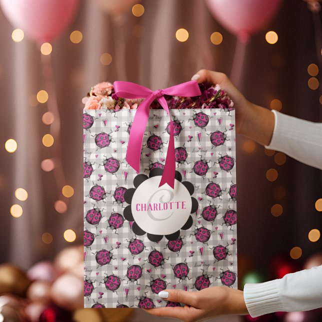 Cute Hot Pink & Black Ladybug Drawing Pattern Kids Small Gift Bag (Hand-drawn Hot Pink Ladybugs Gift Bags/Soft Gray Gingham background. Super Cute. Super Girly! S-M-L)