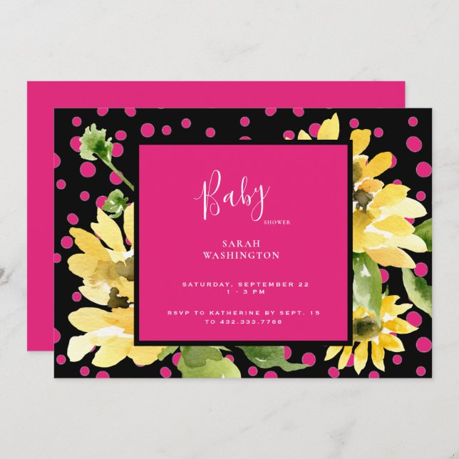 Cute Hot Pink & Black Sunflower Baby Shower Invitation (Front/Back)