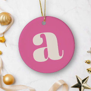 Cute Hot Pink Custom Monogram Retro Lettering Ceramic Ornament