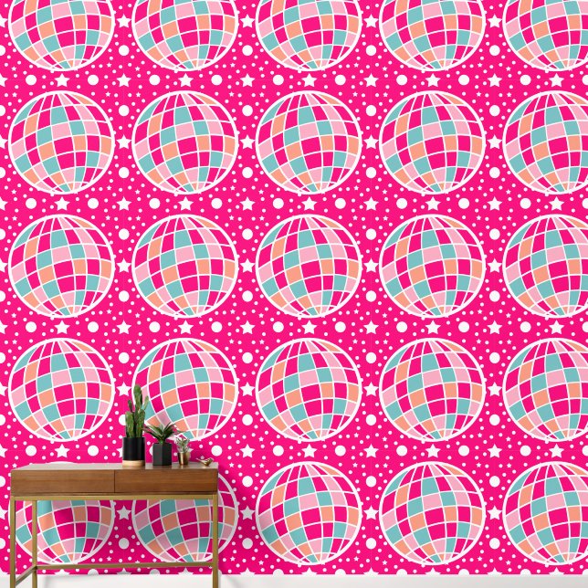 Cute Hot Pink Disco Ball Pattern Wallpaper (Hallway)