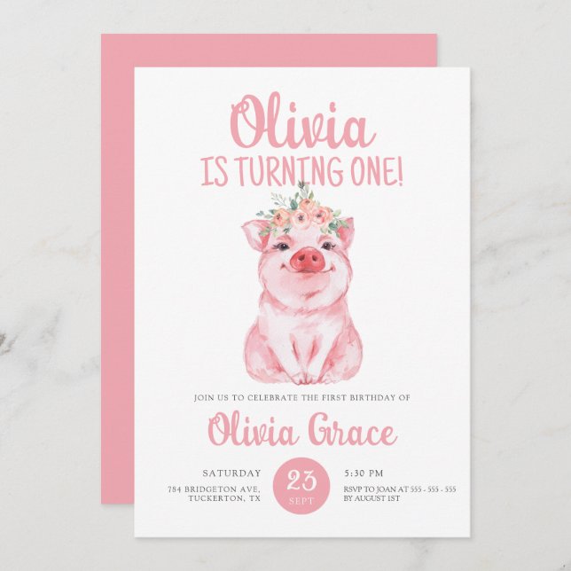 Cute Hot Pink Farm Baby Pig Girl 1st Birthday Invitation (Front/Back)