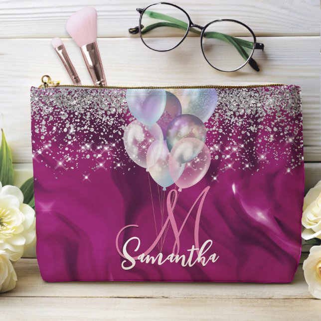 Cute hot pink faux silver glitter balloon monogram accessory pouch (Creator Uploaded)