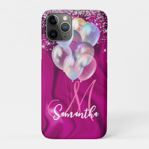 Cute hot pink faux silver glitter balloon monogram iPhone 11 pro case