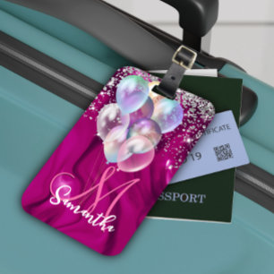 Cute hot pink faux silver glitter balloon monogram luggage tag