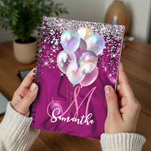 Cute hot pink faux silver glitter balloon monogram planner