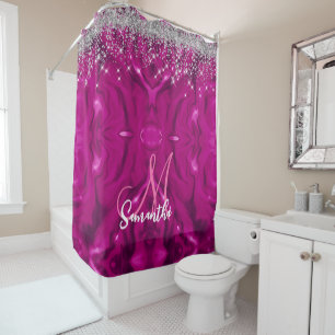 Cute hot pink faux silver glitter balloon monogram shower curtain