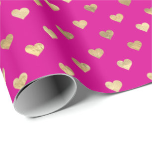 Cute Hot Pink Gold Hearts Pattern Wrapping Paper