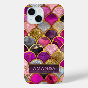 Cute hot pink gold mermaid scales girly iPhone 15 case