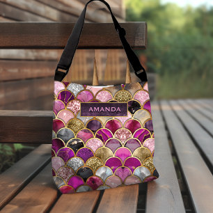 Cute hot pink gold mermaid scales girly crossbody bag