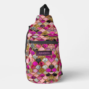 Cute hot pink gold mermaid scales girly sling bag