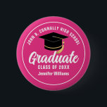 Cute Hot Pink Graduation Custom Graduate Name Tag 6 Cm Round Badge<br><div class="desc">This cute hot pink and white custom senior girls graduation party name tag features your high school or college name for the class of 2025. Customise with your graduate name and year under the trendy handwritten script and grad cap for a girly personalised graduation gift.</div>