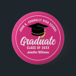 Cute Hot Pink Graduation Custom Graduate Name Tag 6 Cm Round Badge<br><div class="desc">This cute hot pink and white custom senior girls graduation party name tag features your high school or college name for the class of 2025. Customise with your graduate name and year under the trendy handwritten script and grad cap for a girly personalised graduation gift.</div>
