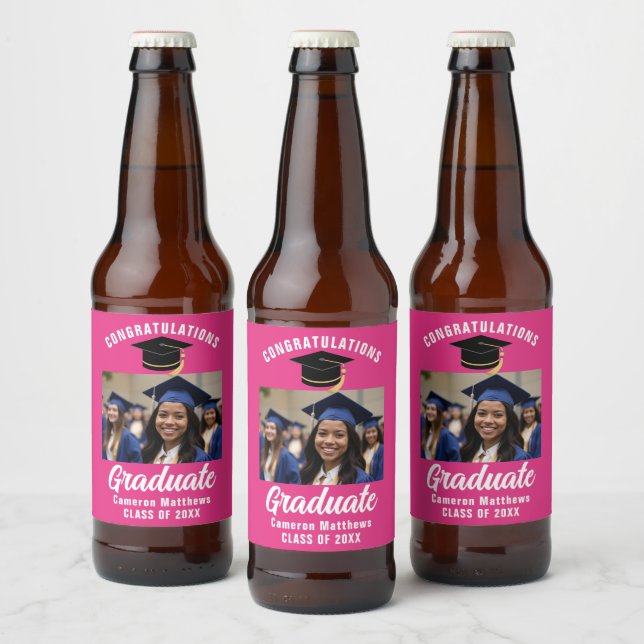 Cute Hot Pink Graduation Party Custom Photo Beer Bottle Label (Bottles)