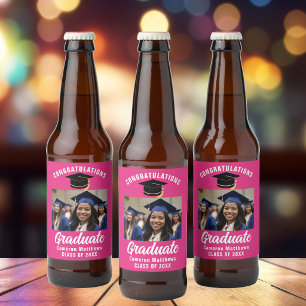 Cute Hot Pink Graduation Party Custom Photo Beer Bottle Label