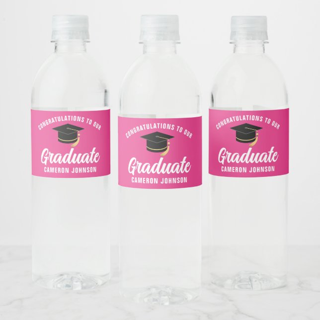Cute Hot Pink Graduation Party Personalised Water Bottle Label (Bottles)