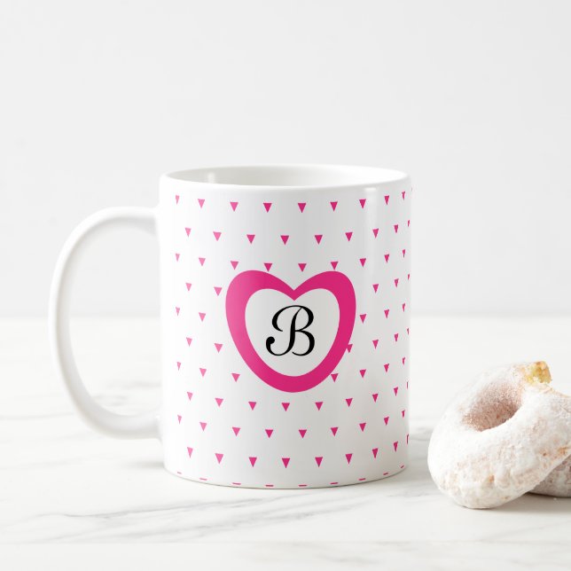 Cute Hot Pink Heart and Triangle Confetti Initial Coffee Mug (With Donut)