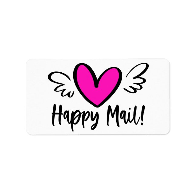 Cute Hot Pink Heart Wings Happy Mail Package Label (Front)