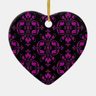 Cute Hot Pink over Black Damask Ceramic Tree Decoration